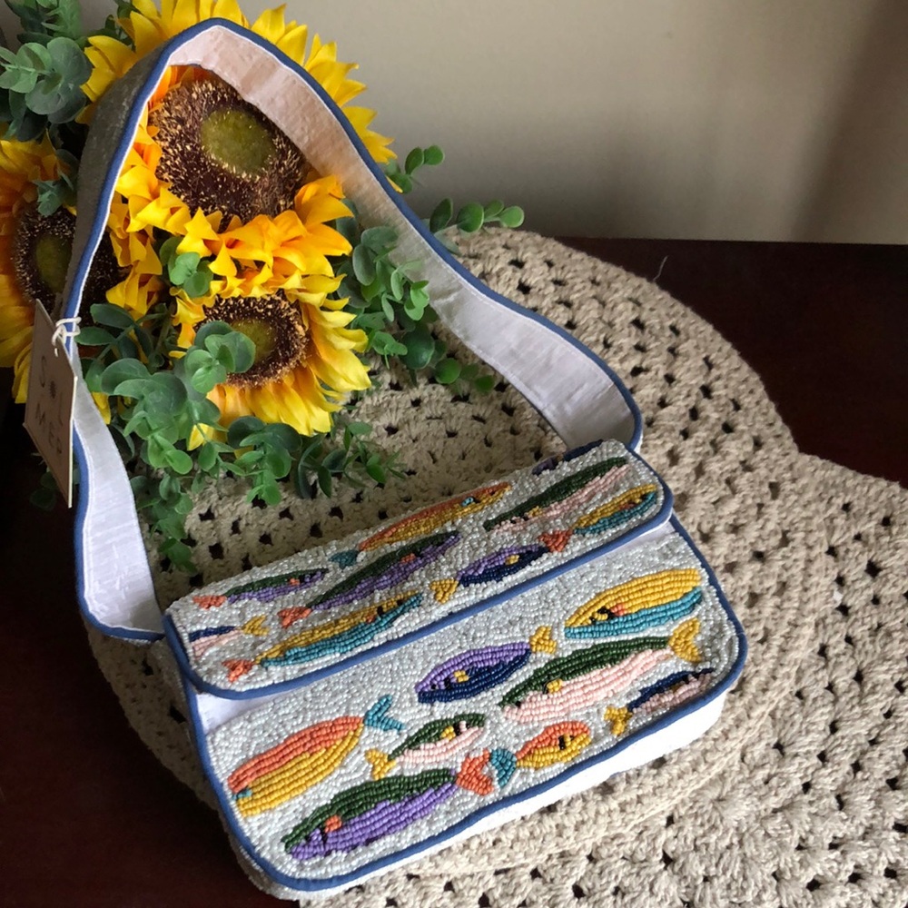 Sol and Mer Beaded Sardine Fish Motif Shoulder Bag Purse - Multicolor